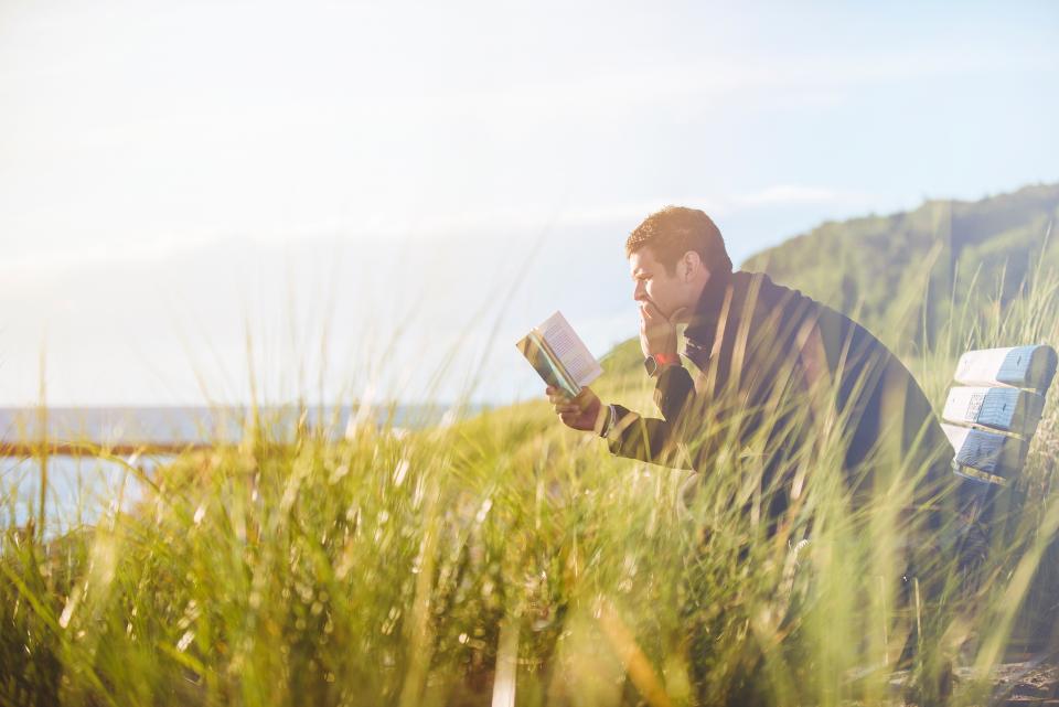 mountain, nature, sky, sunny, sunrise, summer, sunset, sunlight, sunshine, green, grass, sea, water, ocean, lake, man, people, reading, book, bible, sitting, alone, bench