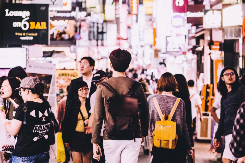 people, men, women, friends, crowd, walking, city, signage, bar, korea, mall, shopping