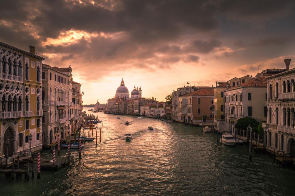 architecture building infrastructure sky cloud sunset canal water italy boat