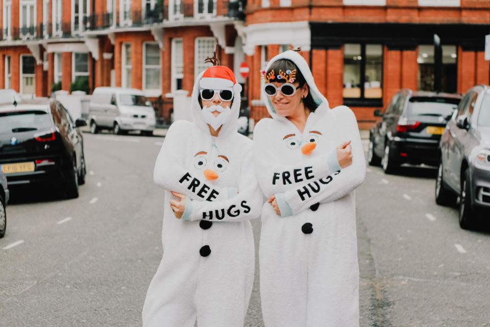 free, hug, people, woman, shades, onesie, costume, cause, olaf, frozen, animation, disney, urban, city, car, happy, vehicle, building