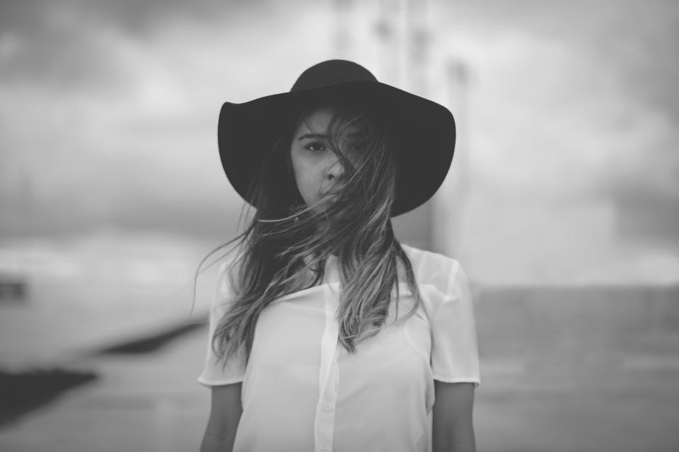 people girl woman alone hat fashion black and white