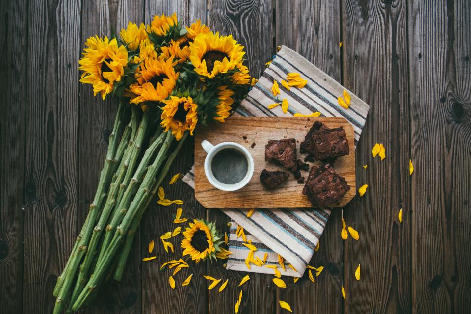 sunflower, coffee, drink, board, napkin, brownies, sweets, dessert, snack, petals