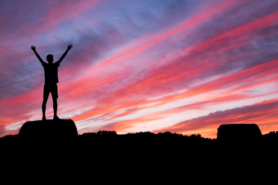 rocks, people, man, happy, worship, sunset, view, clouds, sky, dark, silhouette