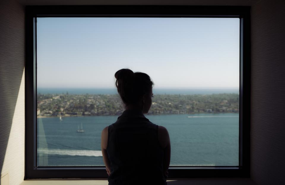 sea, ocean, water, waves, nature, people, woman, girl, sad, alone, window, glass, travel