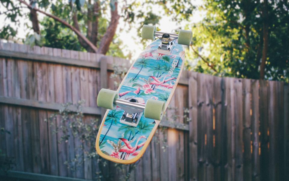 skateboard, backyard, fence, trees, wheels